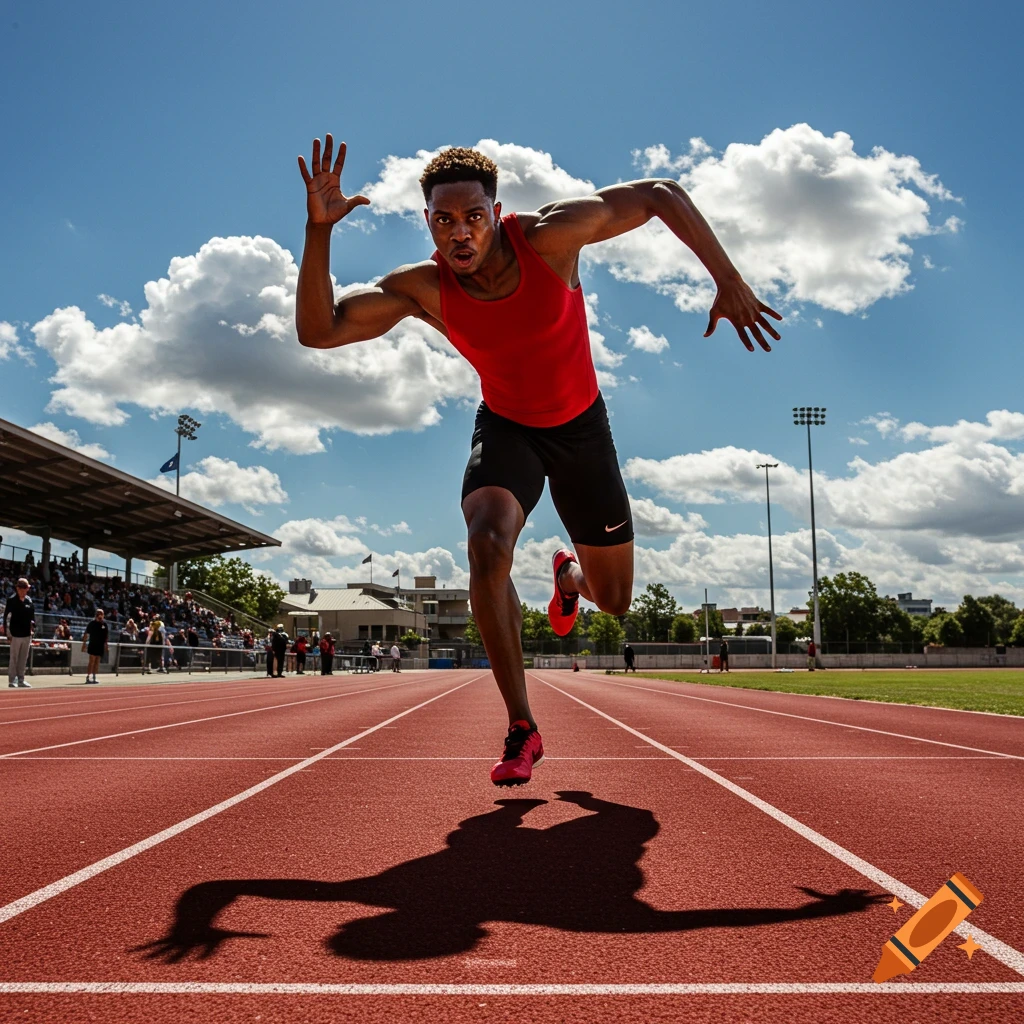 A male athlete sprints on a red track under a sunny, cloudy sky, captured from a low angle.