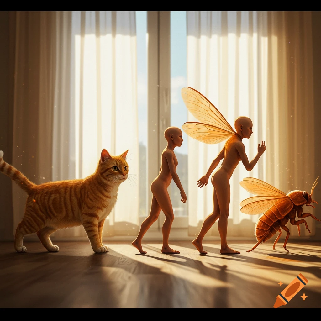 An orange cat, a bald humanoid, a winged humanoid, and a bed bug-like insect walk in sequence across a sunlit wooden floor.