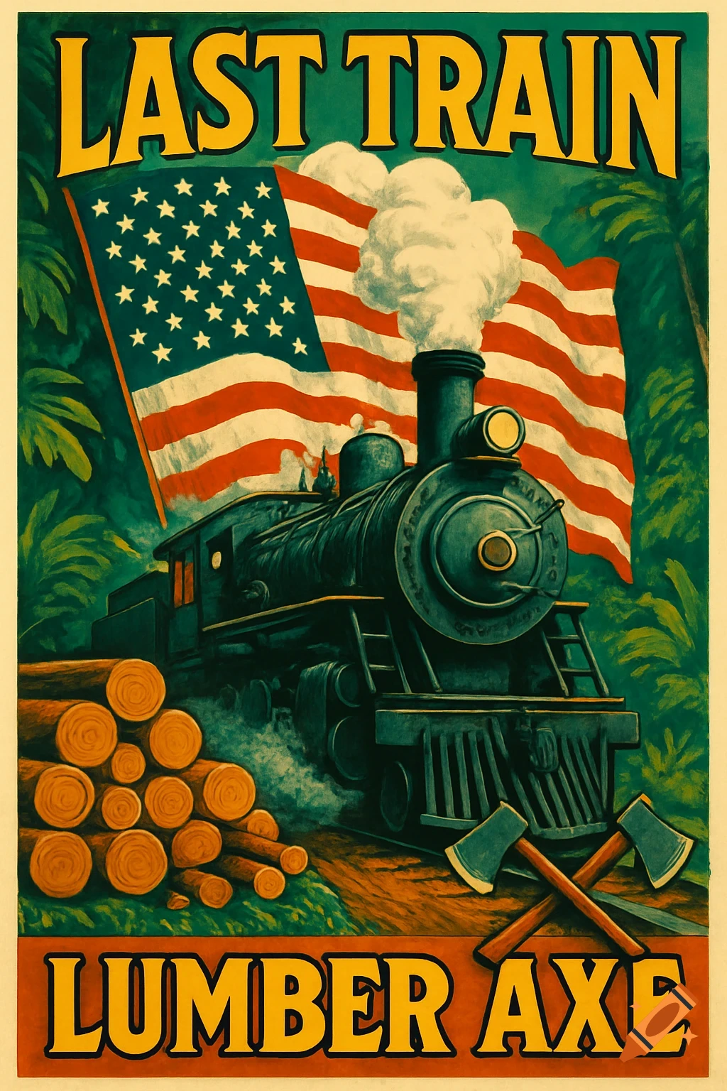 A vintage style poster showing a steam locomotive against a large American flag. Piles of lumber and crossed axes are in the foreground, all set in a tropical environment. Text reads "LAST TRAIN" and "LUMBER AXE".