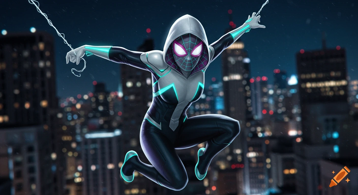 A photorealistic female superhero, in a black, white, and teal suit inspired by Spider-Gwen, swings through a neon-lit city at night.