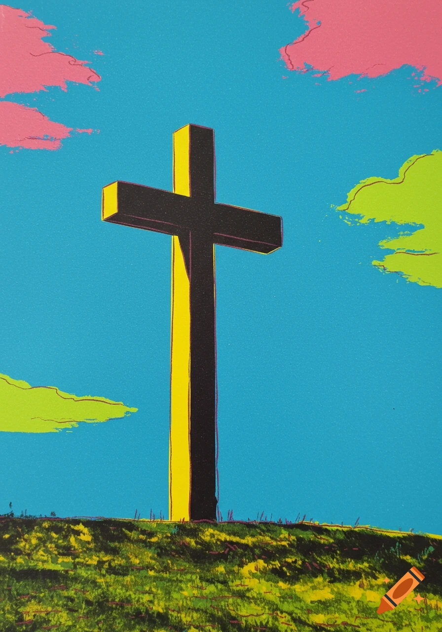 A vibrant pop art depiction of a black and yellow cross on a green hill under a bright blue sky with pink and lime green clouds.