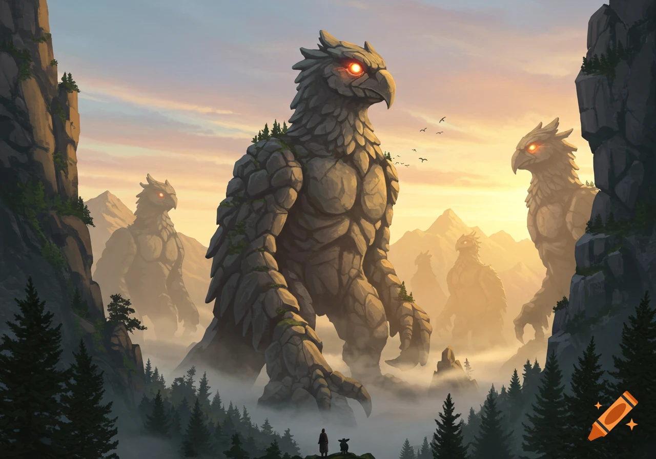 Giant rock bird creatures with glowing eyes loom over a misty, forested mountain valley where two small figures stand.