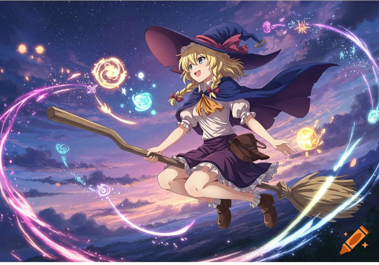 Anime witch Marisa Kirisame flies on a broomstick across a twilight sky, surrounded by magical glowing effects.