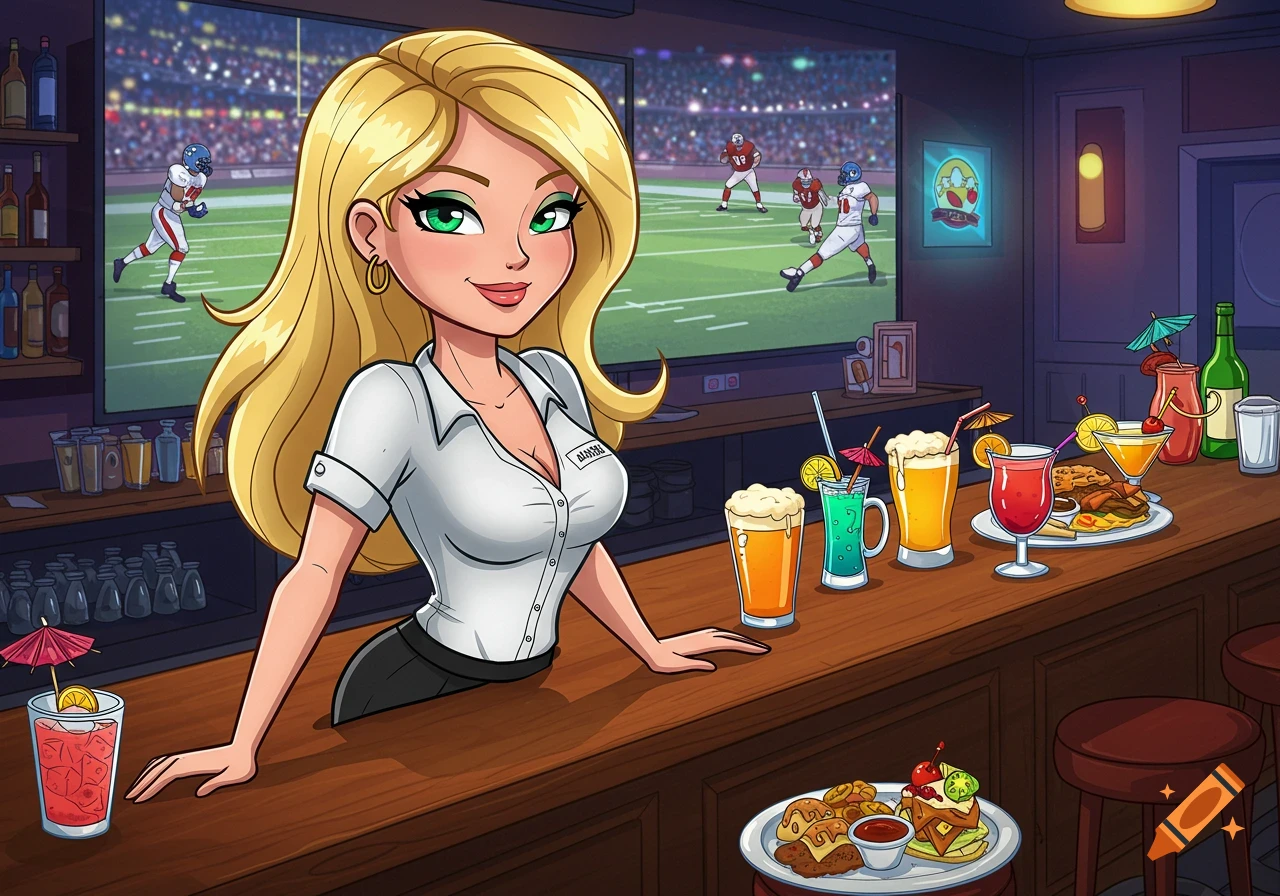 Cartoon illustration of a smiling blonde bartender leaning on a bar with drinks and food, a football game on TV in the background.