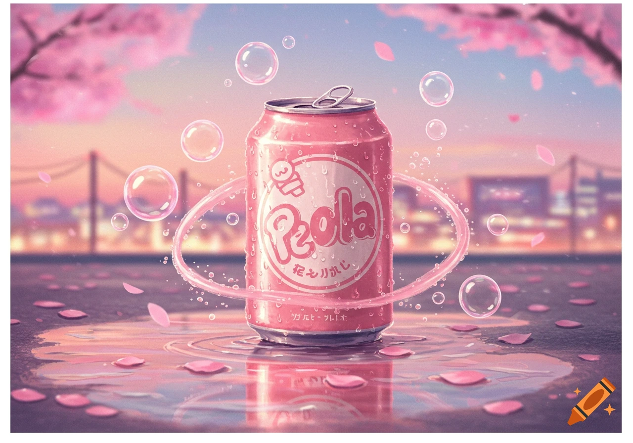 Anime-style pink 'Peola' soda can with bubbles and cherry blossoms reflecting in puddles at sunset.