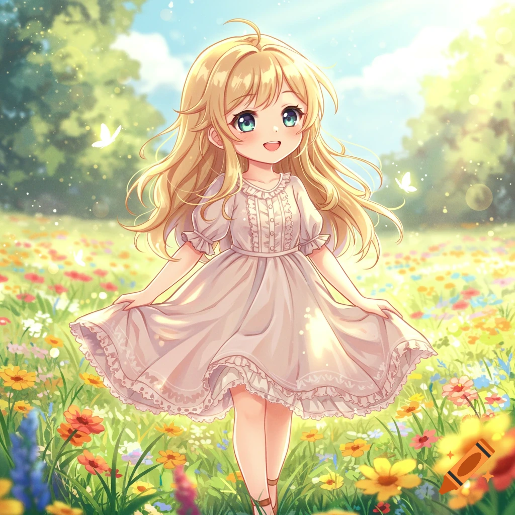 A cute anime girl with long blonde hair and a white dress smiles while standing in a sunny field of colorful flowers with butterflies.