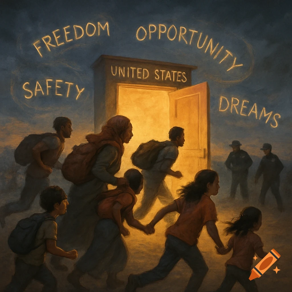 Painterly image of migrants running to a bright door labeled 'United States,' surrounded by glowing words and distant border patrol.