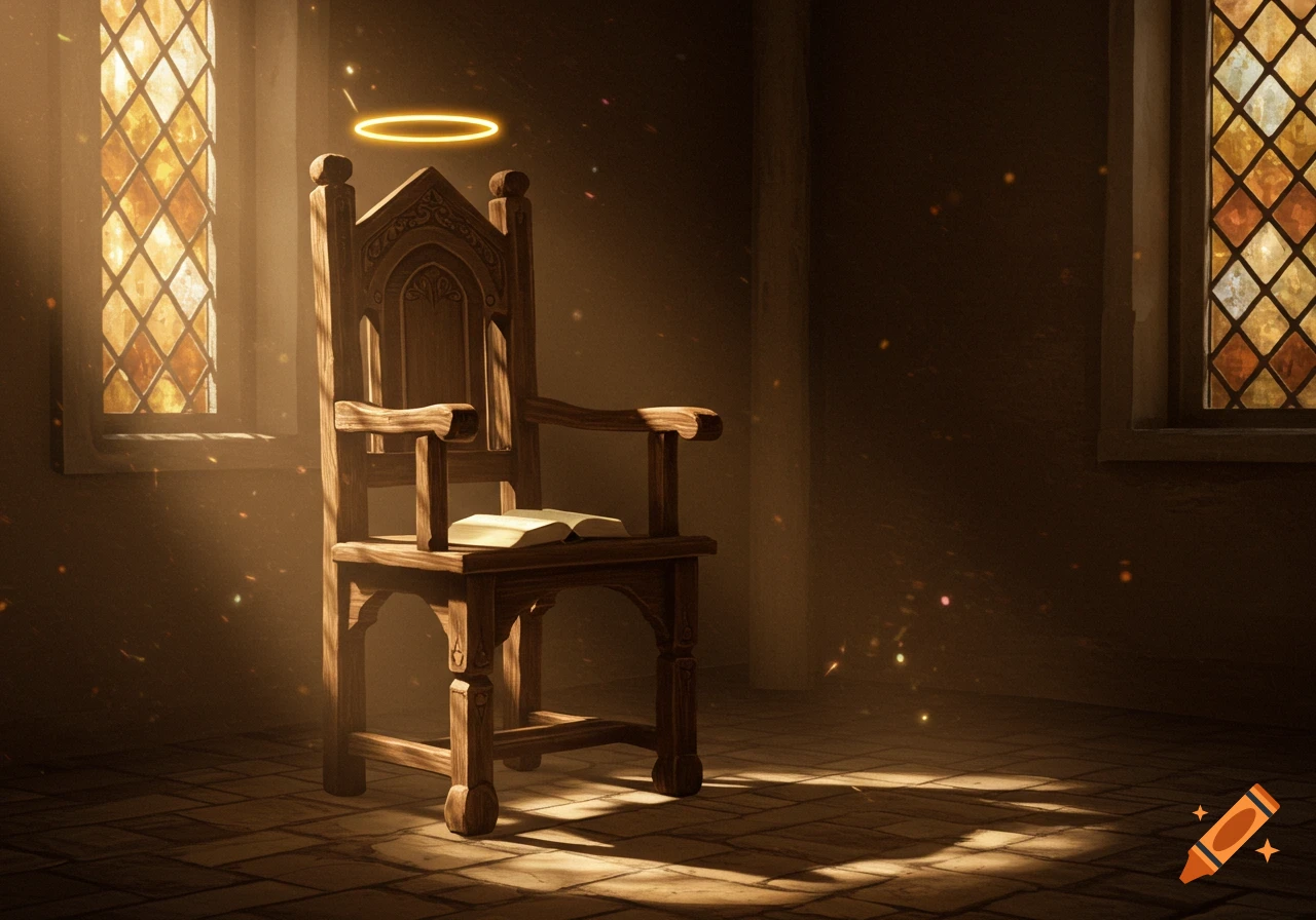 Ornate wooden chair with a glowing halo and an open book on its seat, illuminated by light from stained glass windows in a dim room.