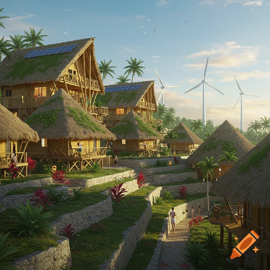 Photorealistic tropical village with thatched huts, solar panels, and stone terraces on a hillside, wind turbines in the distance.