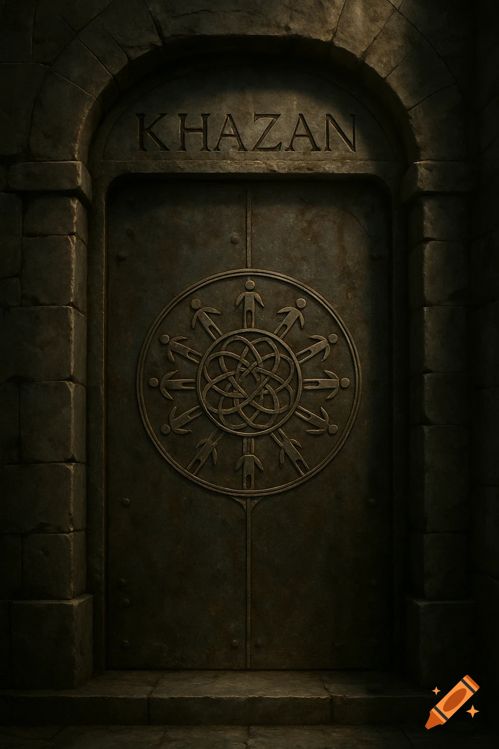 A dark, weathered stone door with 'KHAZAN' carved above and a circular symbol featuring stick figures in the center.