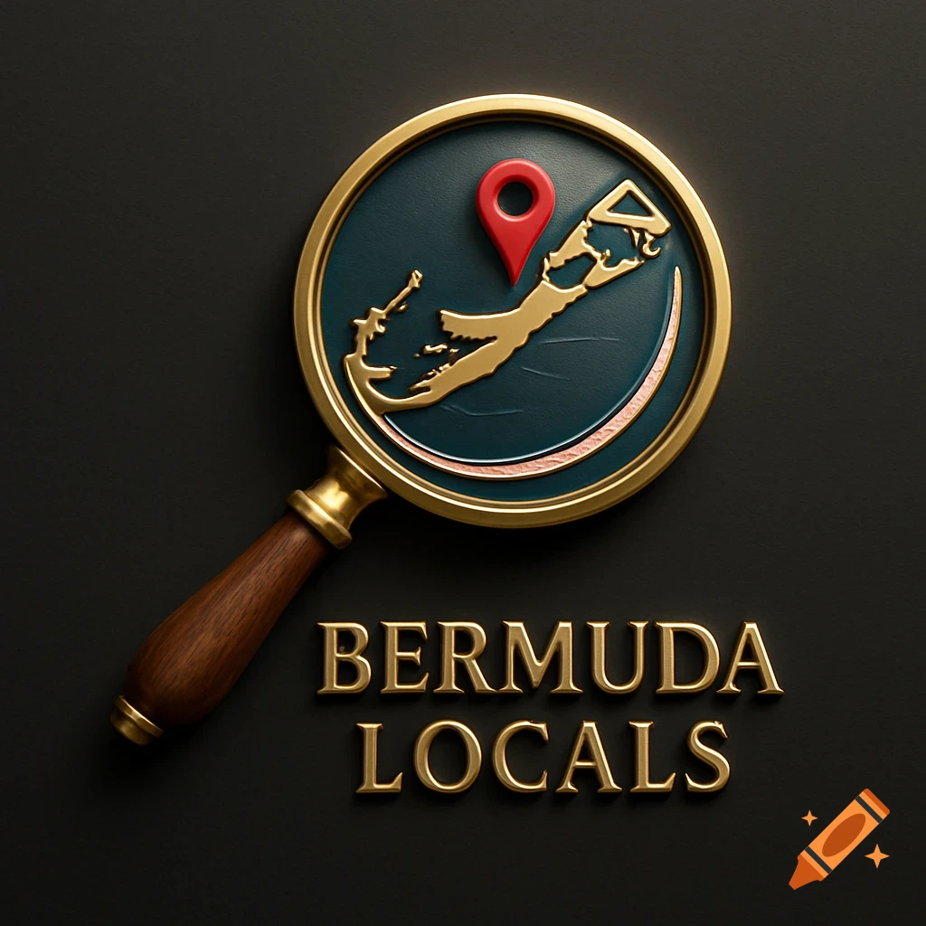 A 3D luxury logo features a gold magnifying glass showing a gold map of Bermuda with a red pin, text reads 'BERMUDA LOCALS'.