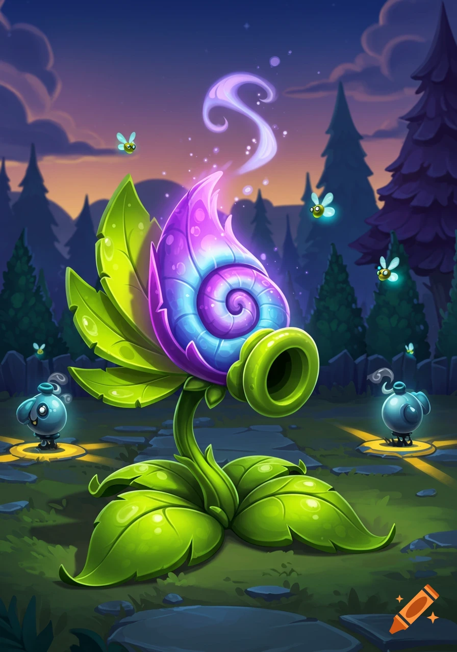 A vibrant, stylized plant character with a spiraling purple and blue flower, a green peashooter head, and glowing elements in a magical forest at dusk.