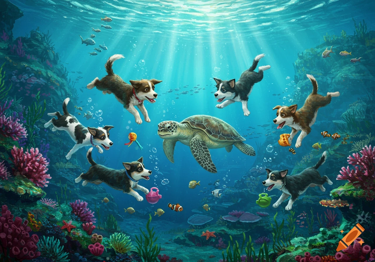 Colorful illustration of many playful puppies swimming underwater with a sea turtle among coral reefs and fish.
