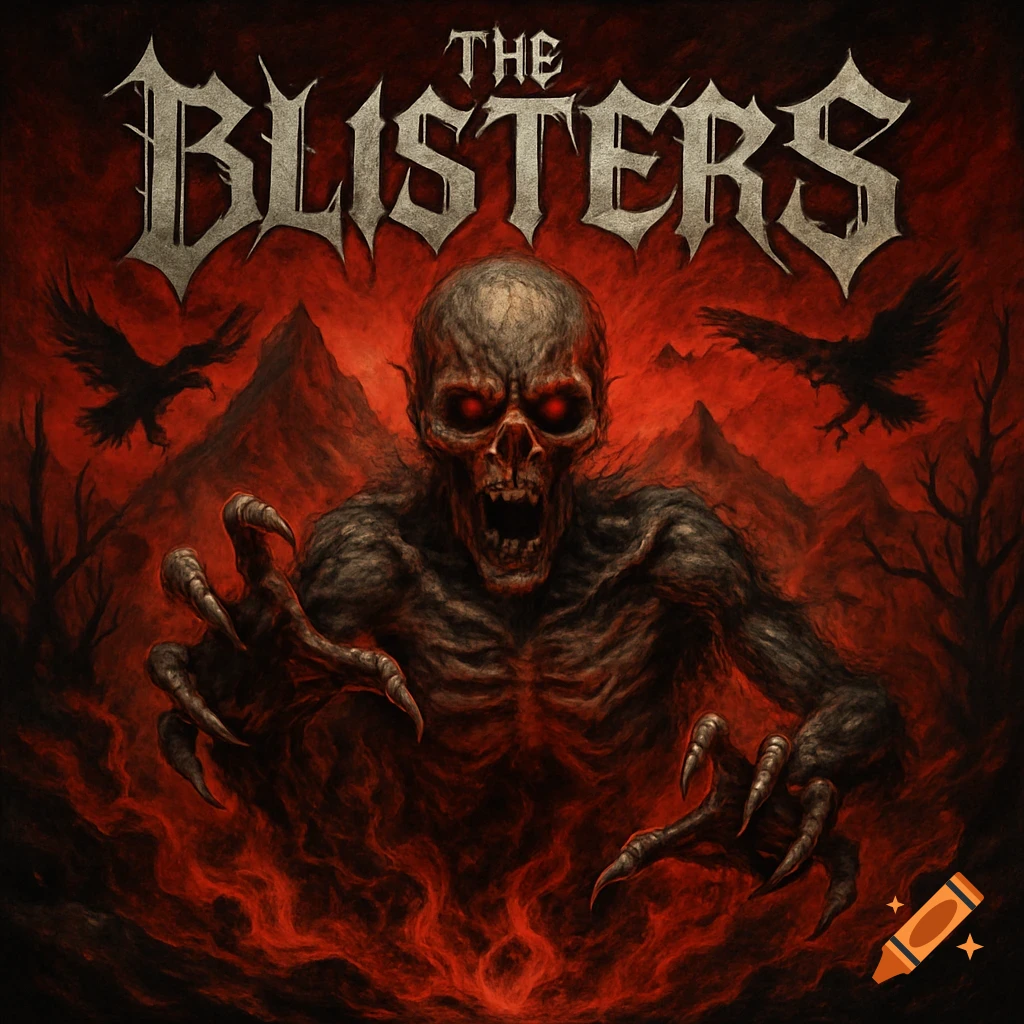 Death metal album cover featuring a ghoulish skeletal creature with glowing red eyes and sharp claws, emerging from a fiery, hellish landscape with mountains and crows. Text: 'THE BLISTERS'.