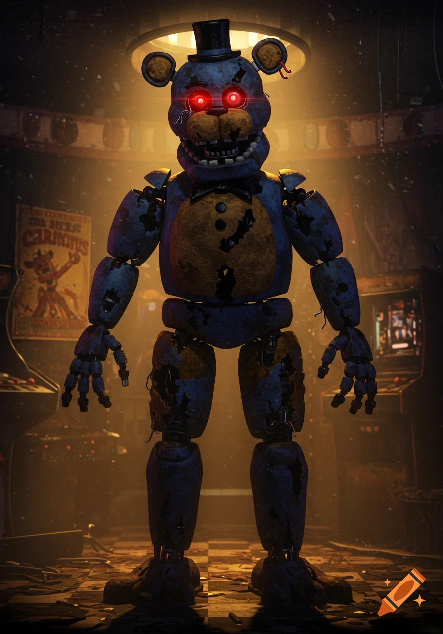 A menacing, worn-out blue animatronic bear with a top hat and glowing red eyes stands in a dark, dusty room with arcade machines.