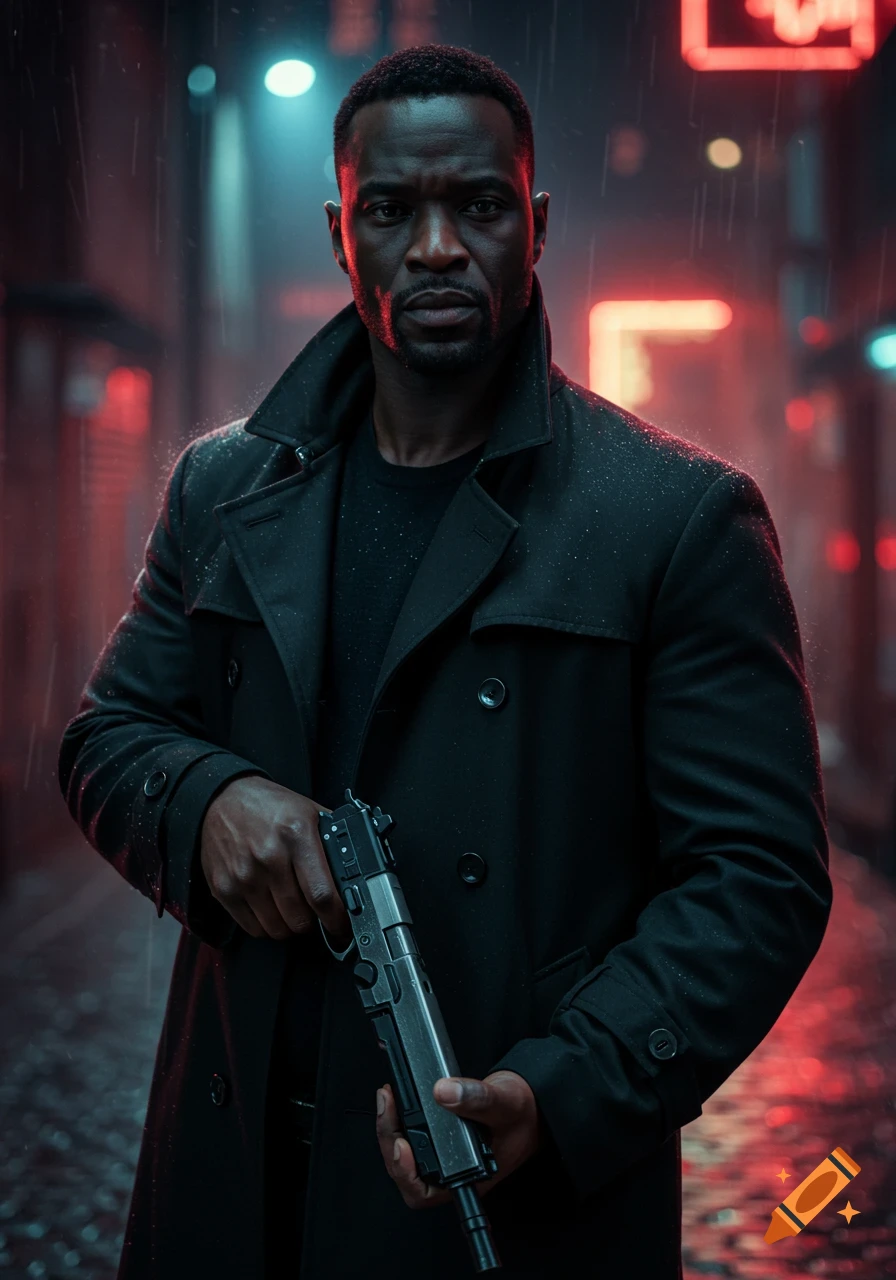 A dark-skinned man in a black trench coat holds a gun in a rainy, neon-lit city street, looking serious. Photorealistic style.