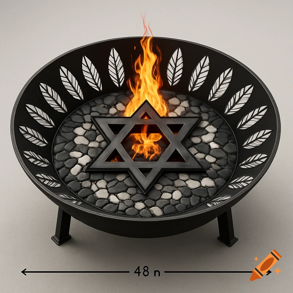 Black steel fire pit with a Star of David and a rock mosaic, surrounded by feather cutouts, with flames and a 48-inch diameter label.