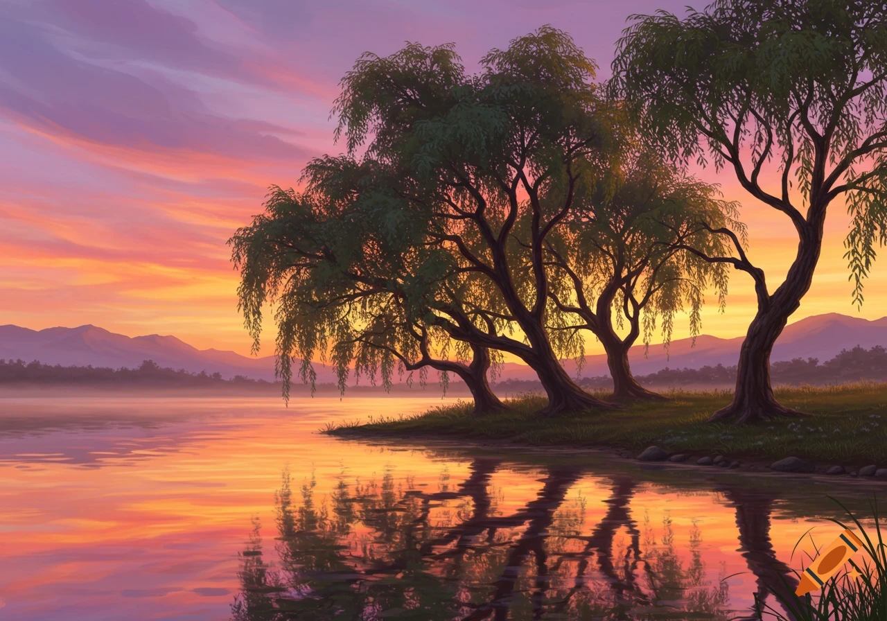 Stylized painting of a serene lake at sunset with willow trees on the bank and distant mountains.