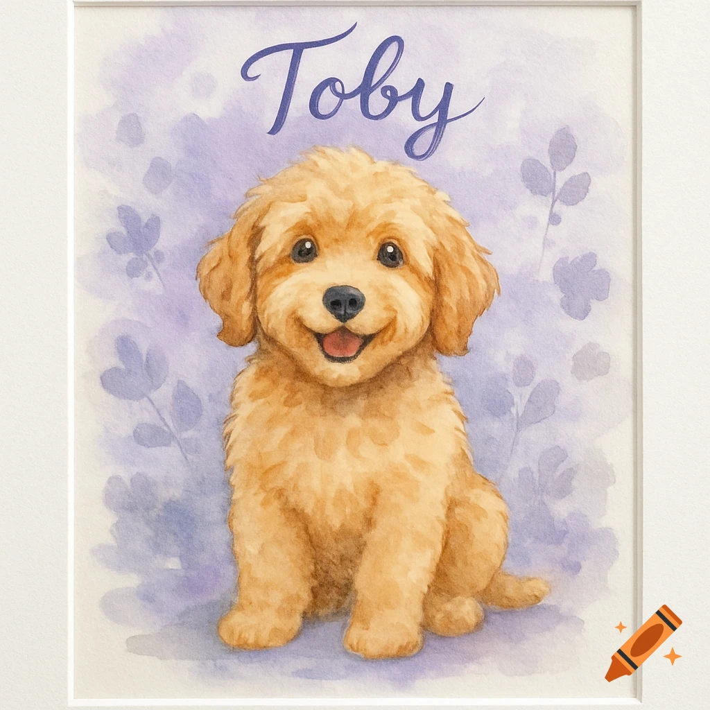 Watercolor painting of a golden doodle puppy smiling, sitting against a lavender floral background with the name 'Toby' at the top.