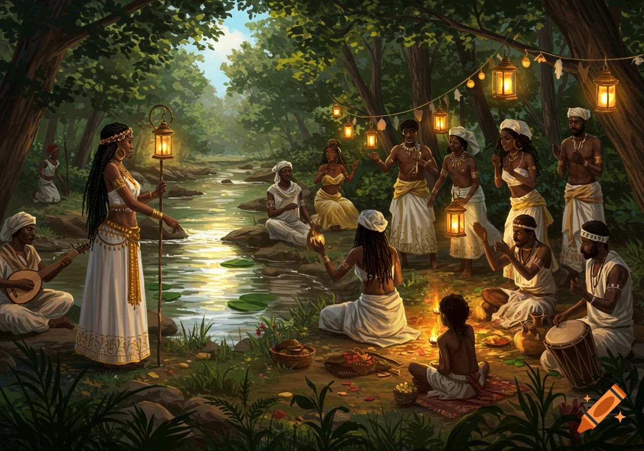 A detailed painting of a group of people celebrating by a glowing river in a lush forest at night, illuminated by lanterns and a small fire.