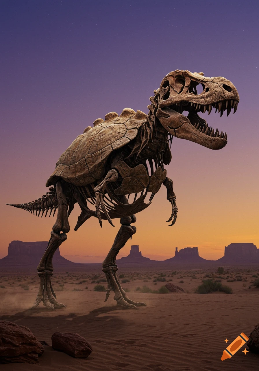 Photorealistic image of a tyrannosaurus skeleton with a turtle shell walking in a desert landscape at sunset.