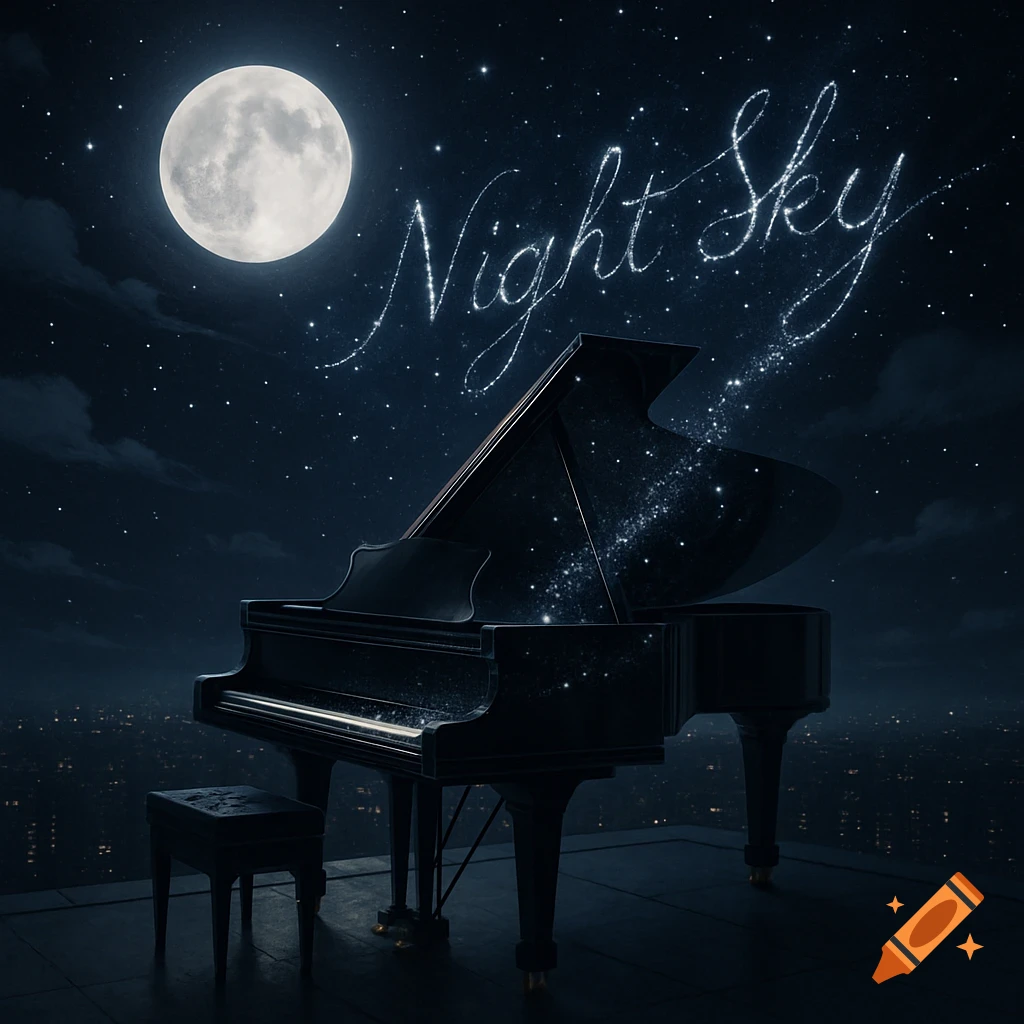 A grand piano on a rooftop under a full moon and starry night sky. Glowing constellations pour from the piano, forming 'Night Sky' in the stars.