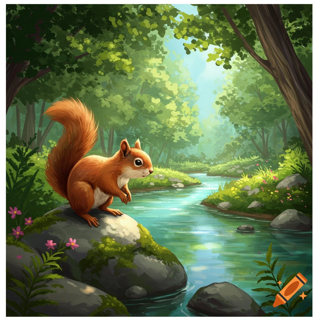 A cute, stylized red squirrel sits on a mossy rock by a clear river in a lush, green forest.