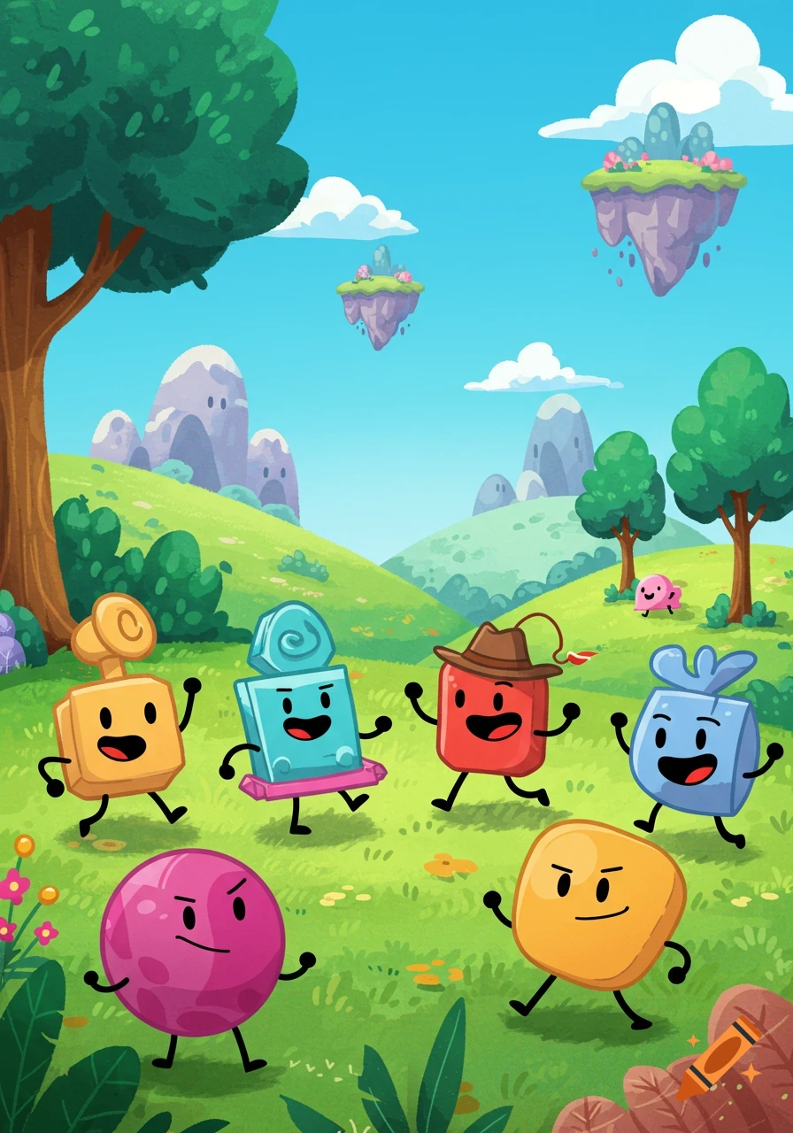 Cartoon characters dance happily in a bright green field with a tree, hills, and floating islands in the sky.