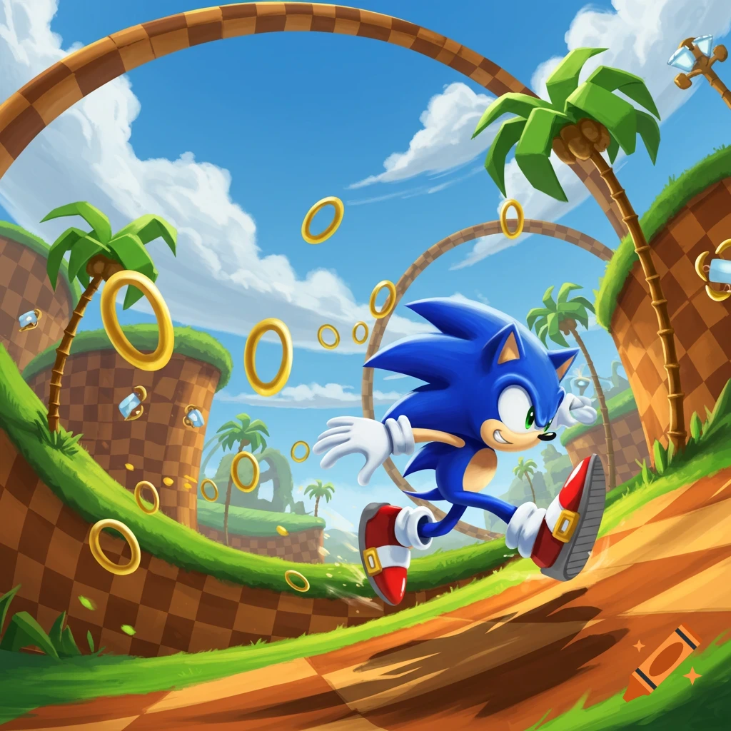 Sonic the Hedgehog speeds through a colorful Green Hill Zone, collecting golden rings amidst palm trees and loops.