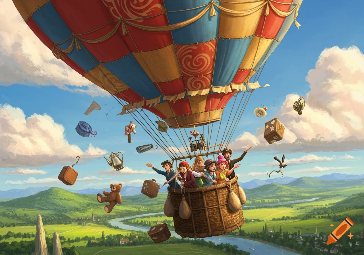 Whimsical illustration of people in a hot air balloon dropping luggage and items over a green landscape and winding river.