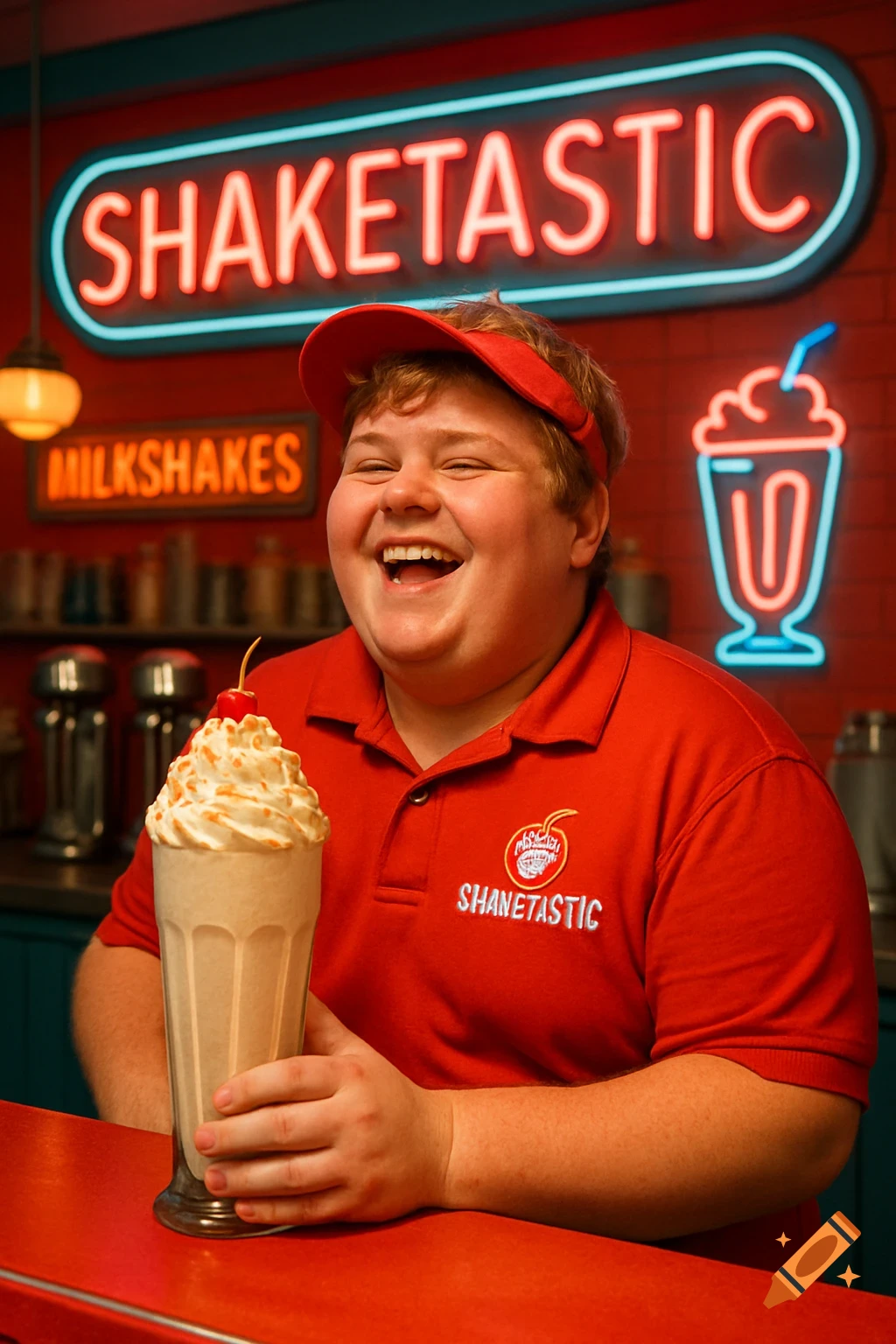 A cheerful, chubby teenage boy in a red uniform and visor holds a milkshake in a retro diner.