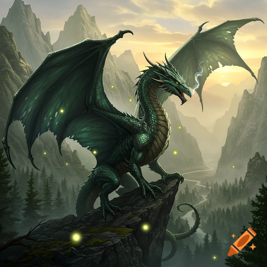 A majestic green dragon with large wings perched on a rocky cliff in a misty mountainous landscape with a forest below, glowing lights floating around.