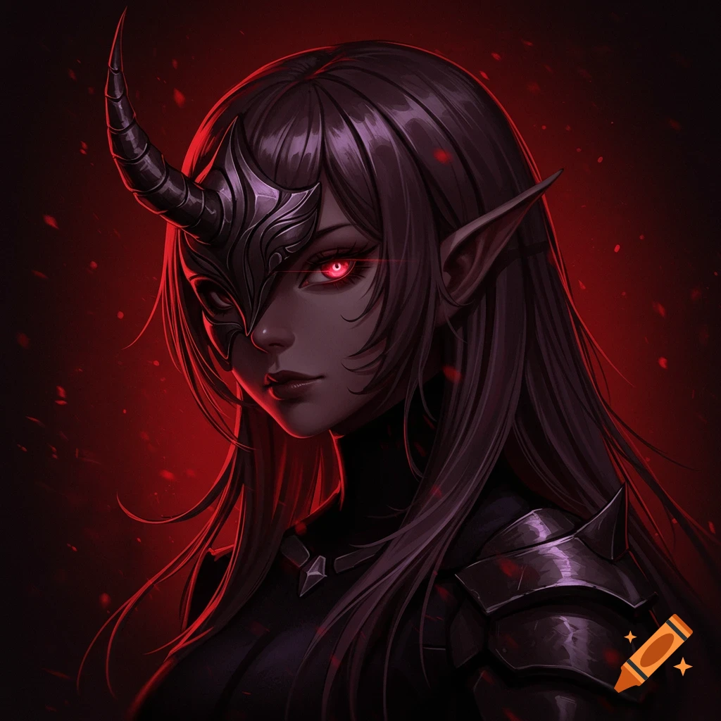 Anime fantasy girl with red glowing eyes, a single horn, a metal mask, and armor, against a dark red background.
