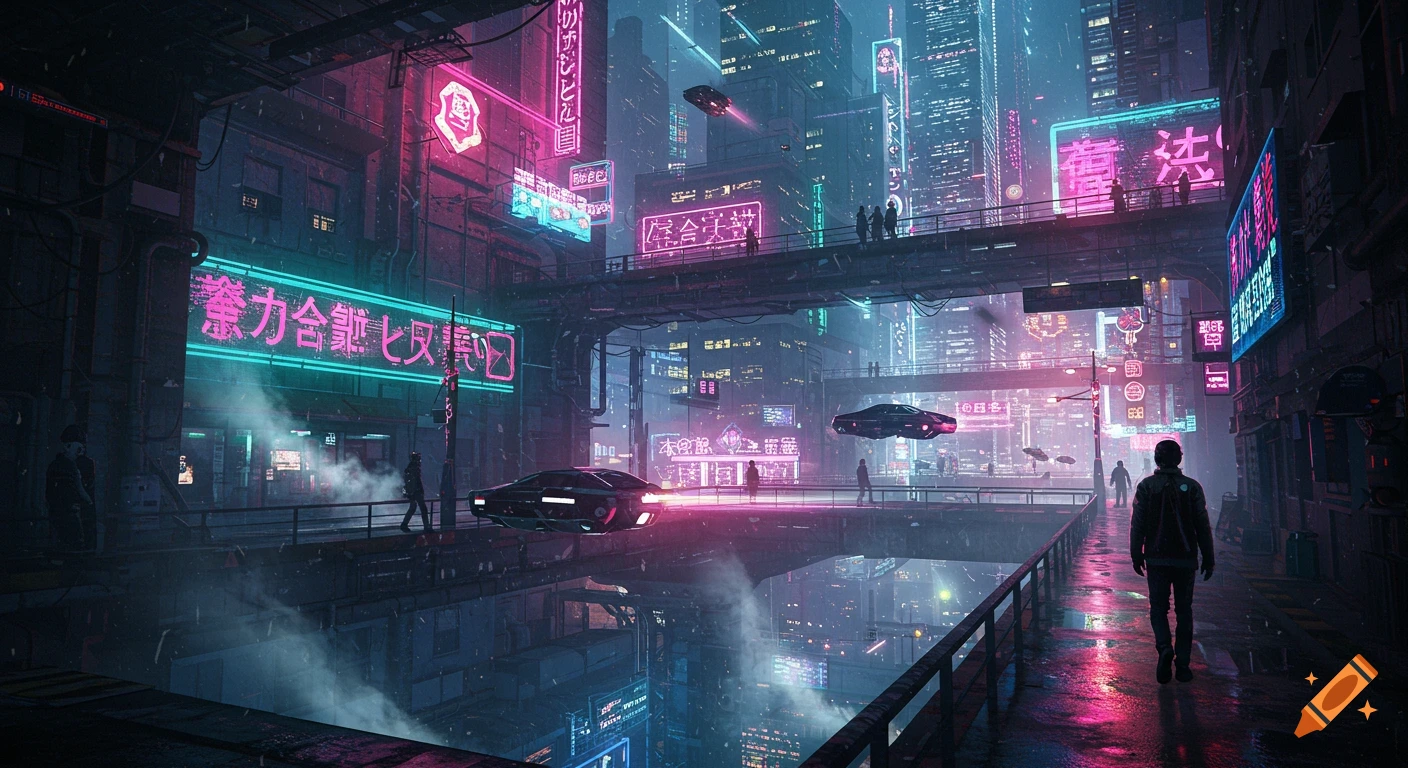 A vibrant cyberpunk cityscape with neon signs, towering buildings, flying cars, and people walking on elevated walkways.