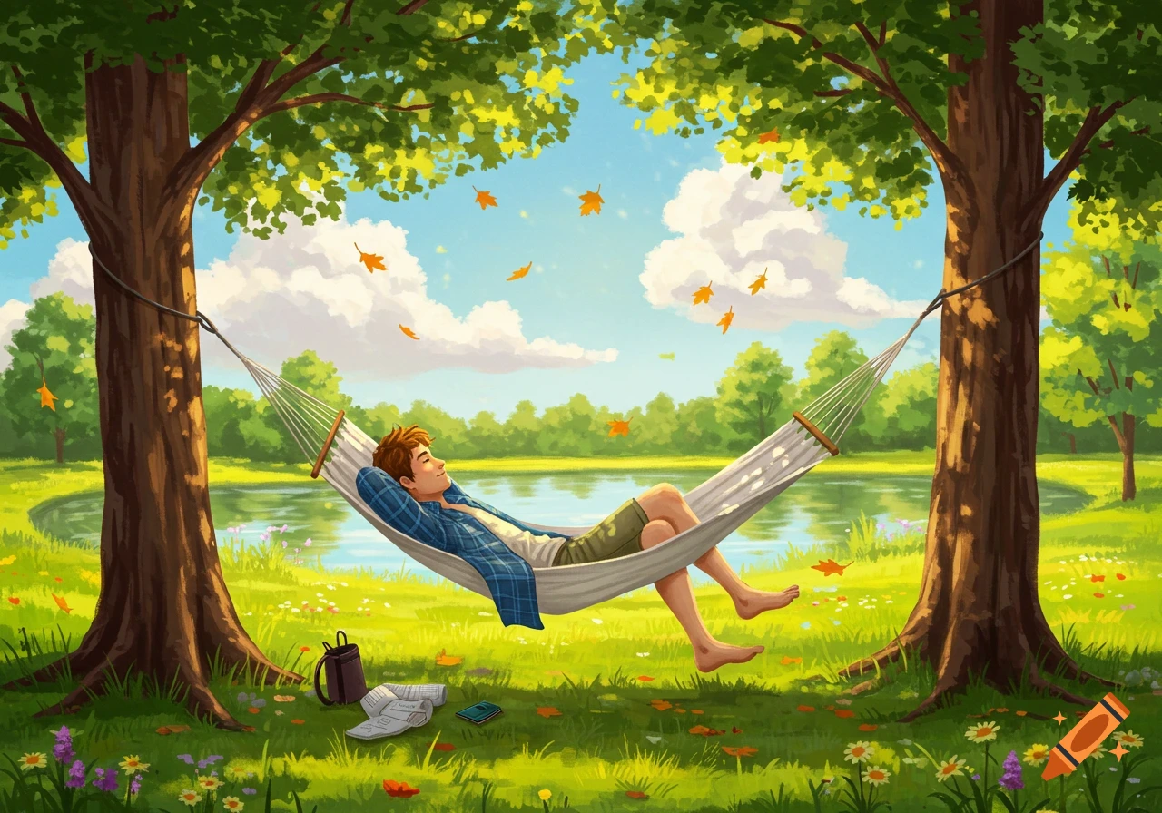 An illustration of a man relaxing in a white hammock strung between two large trees, next to a peaceful lake on a sunny day with falling leaves. A backpack and papers lie on the grass below.