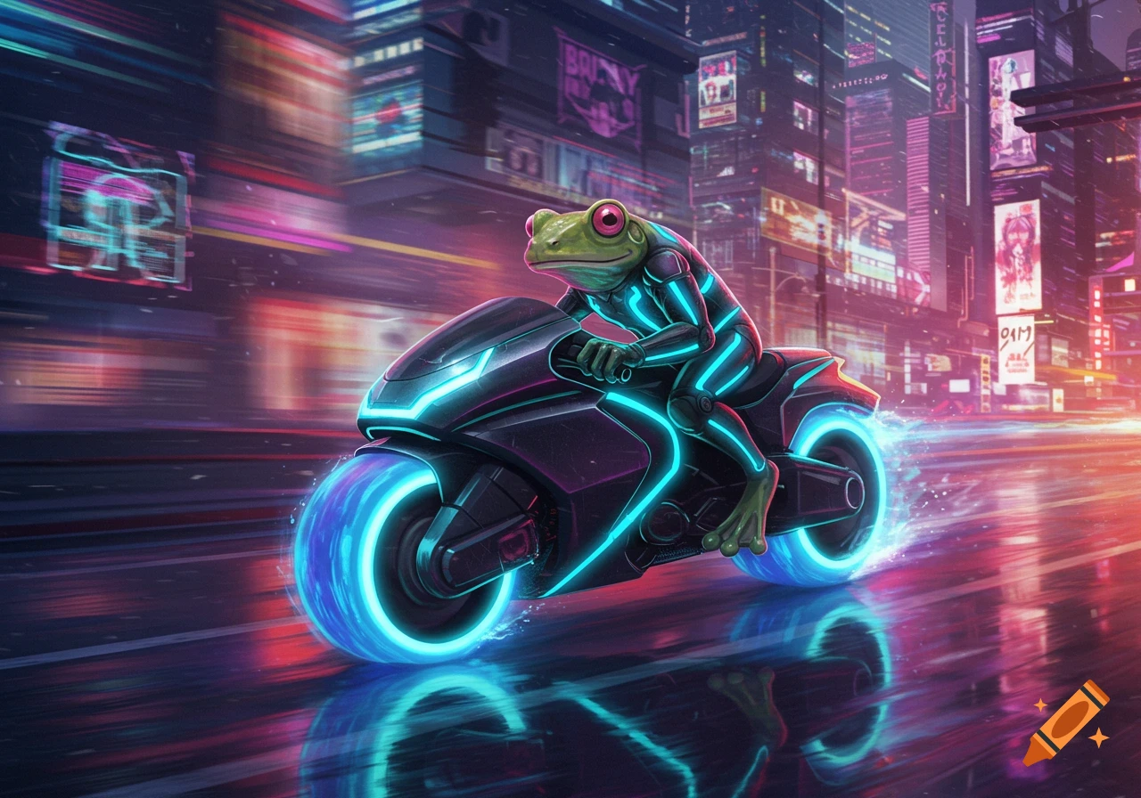 A green frog in a luminous cyberpunk suit rides a Tron-style motorcycle with glowing blue wheels through a neon-lit cyberpunk city at high speed.