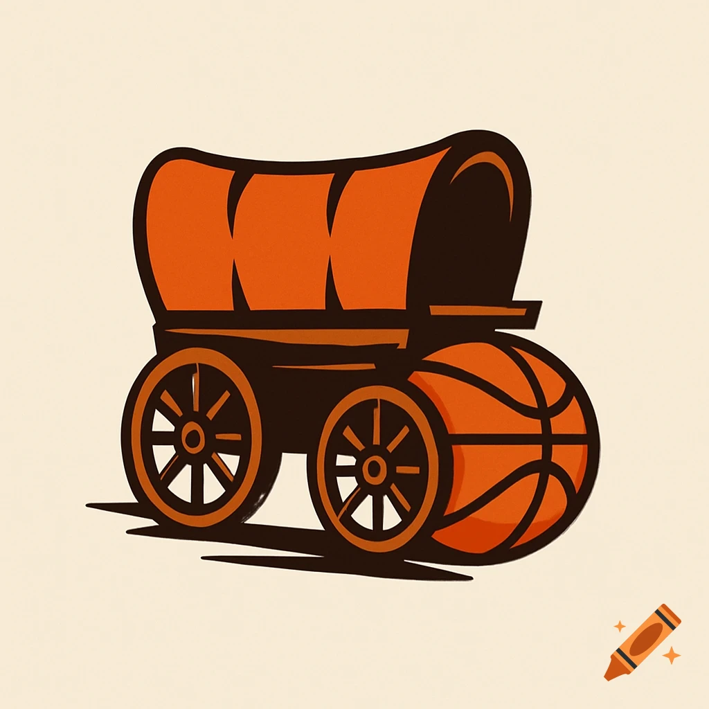 A stylized logo featuring a brown covered wagon with an orange basketball as its rear wheel.