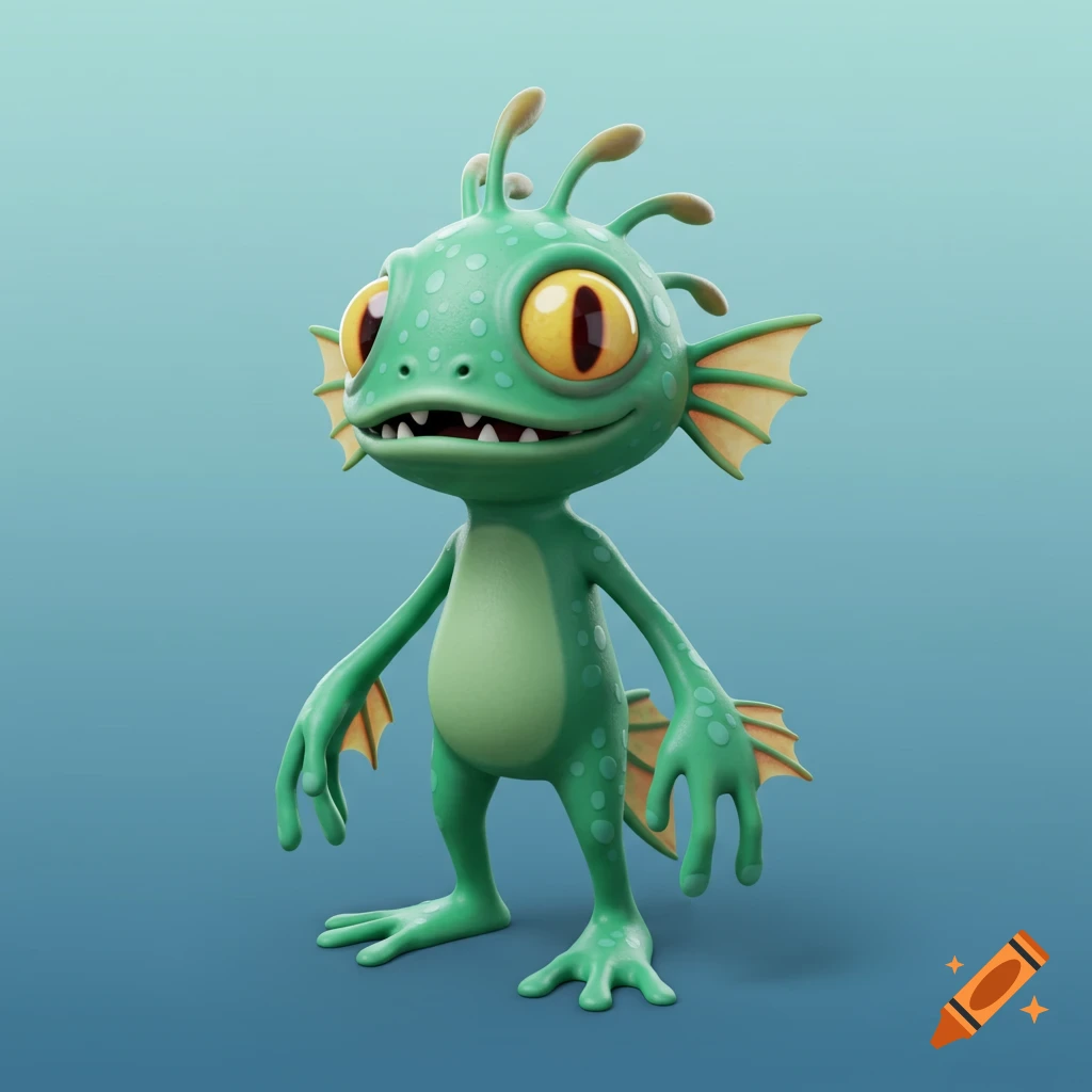 A stylized green murloc-like creature with large yellow eyes, sharp teeth, and fins stands on a blue background.