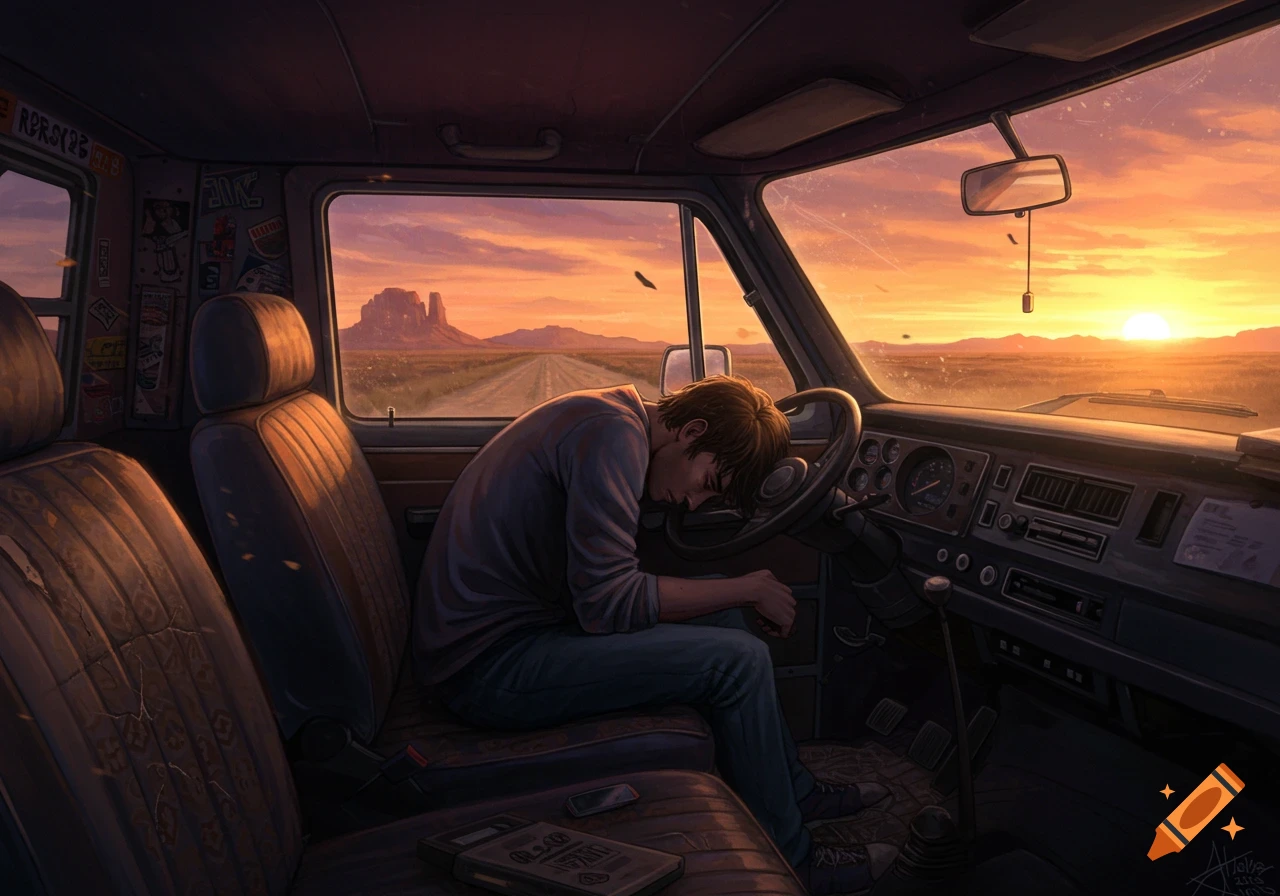 A man sleeps slumped over the steering wheel of a beat-up van, looking out at a desert highway during a vibrant sunset, digital art.