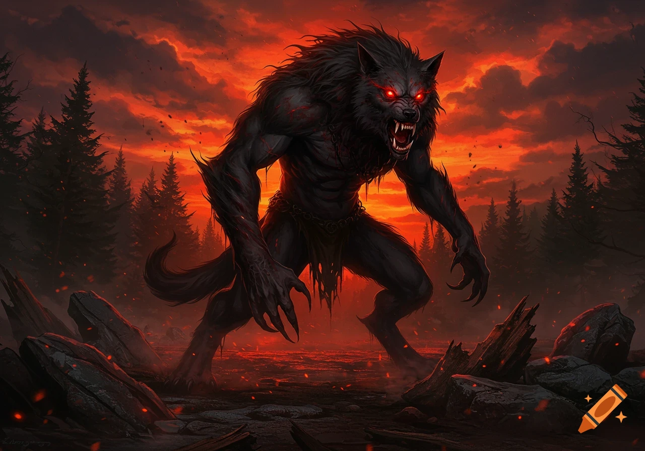 A fierce, dark werewolf-like monster with glowing red eyes, sharp fangs, and claws stands against a fiery red sky and dark forest.