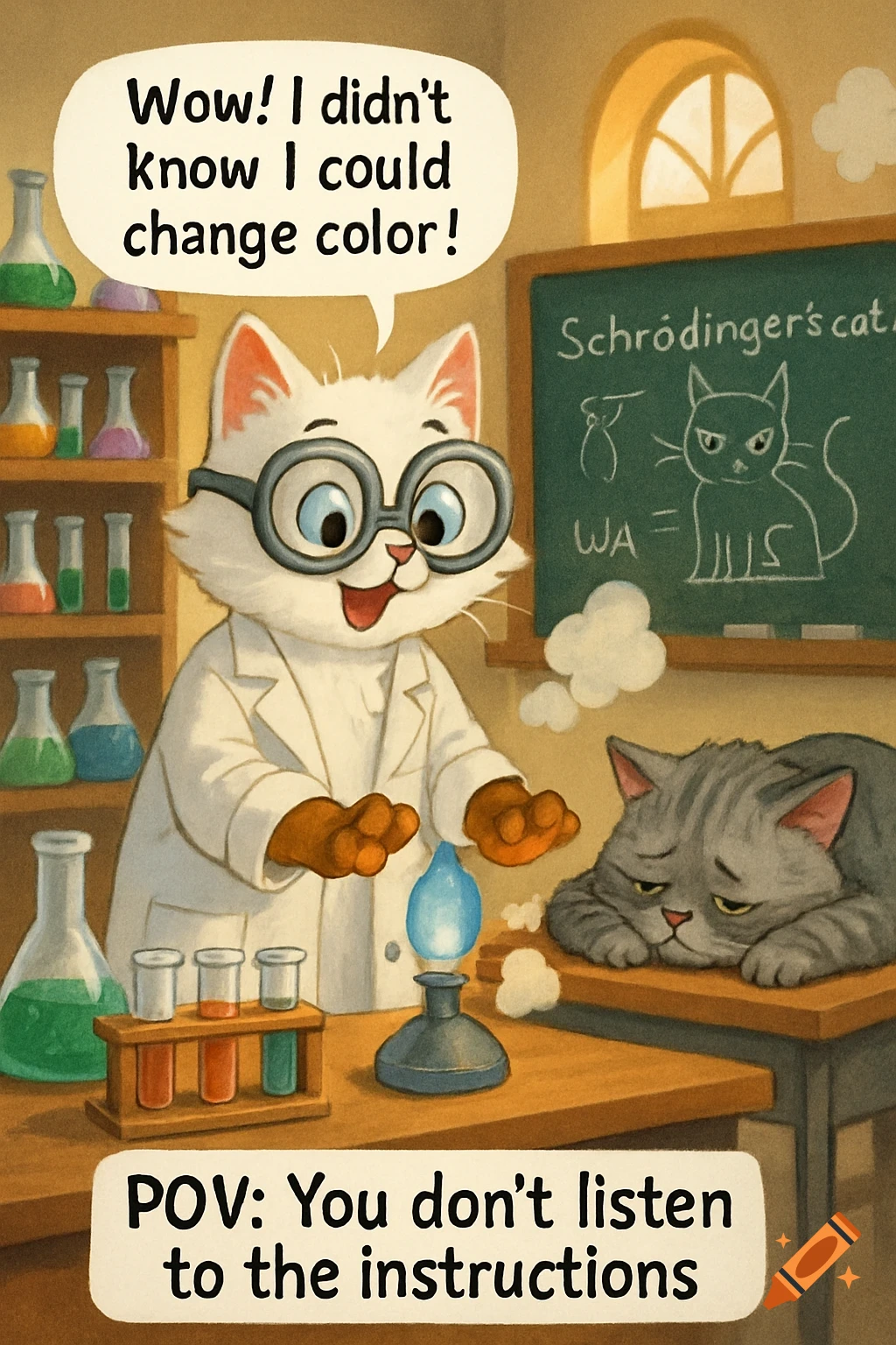 A cartoon white cat scientist with goggles tints its paws brown over a blue flame, while a gray cat watches disapprovingly in a lab. Text: "Wow! I didn't know I could change color!" and "POV: You don't listen to the instructions".