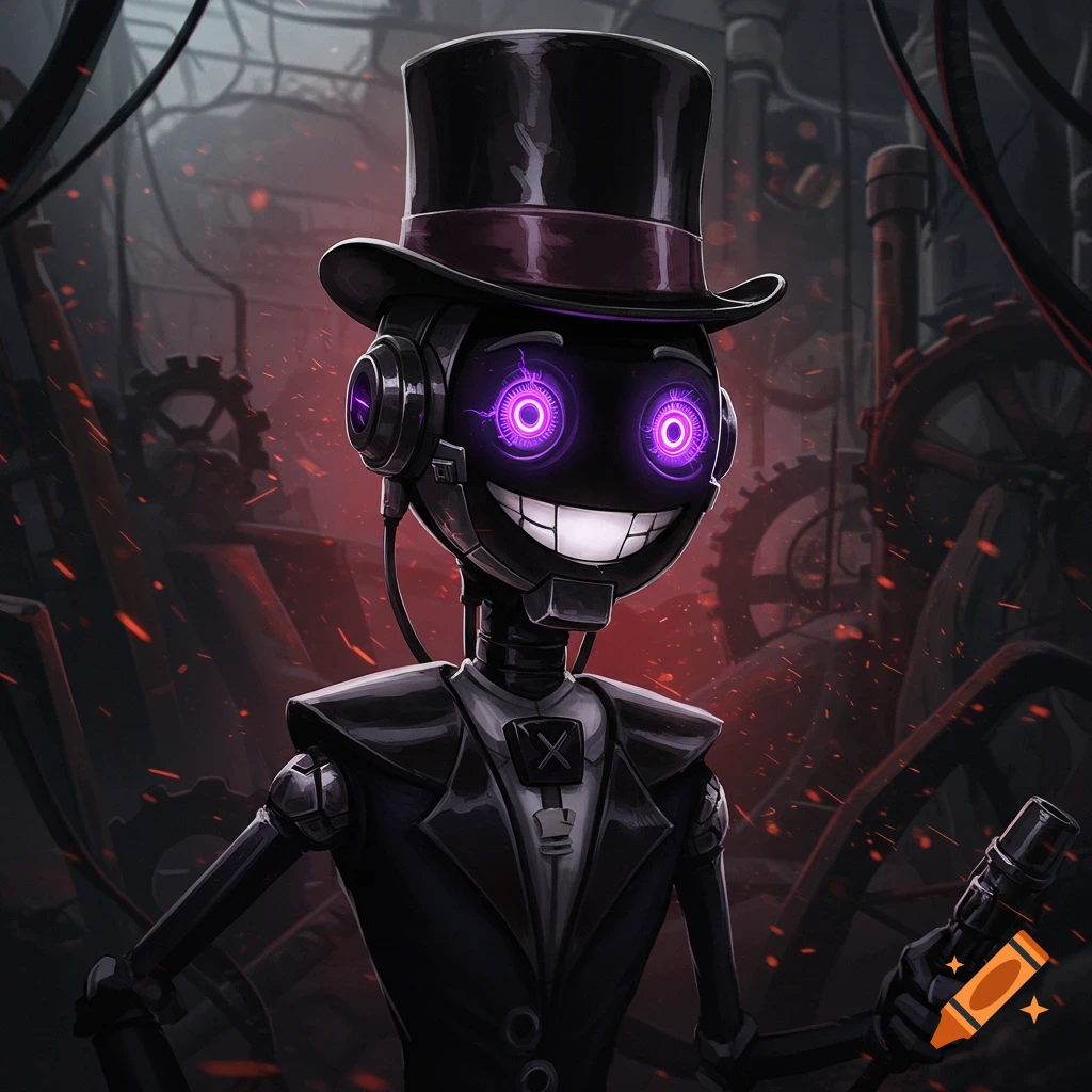 A stylized dark robot with glowing purple eyes and a wide, sinister smile, wearing a top hat and suit, stands in a gritty, fiery industrial setting.