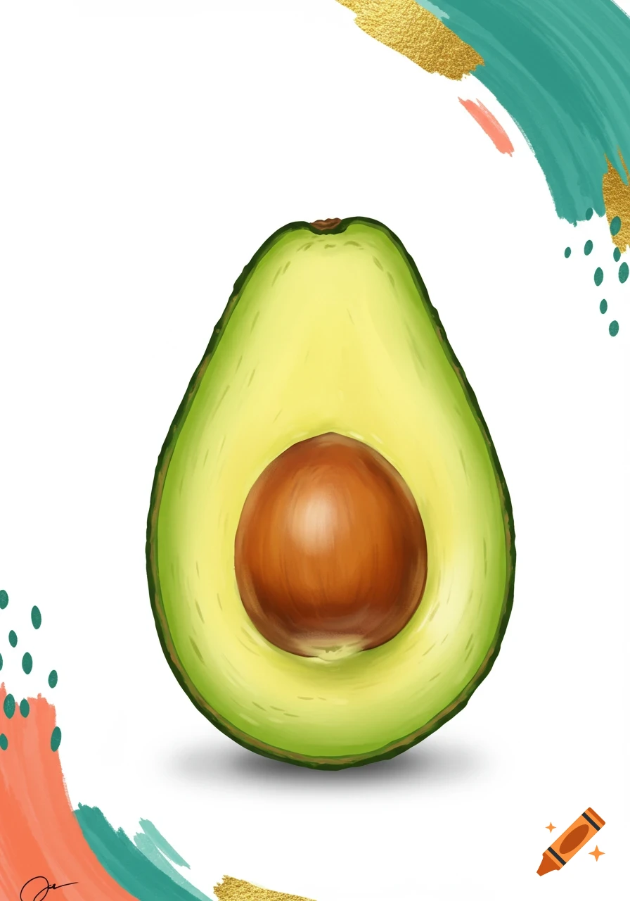 A vibrant illustration of a sliced avocado with its pit, centered on a white background, surrounded by abstract green, orange, and gold brushstrokes and dots.