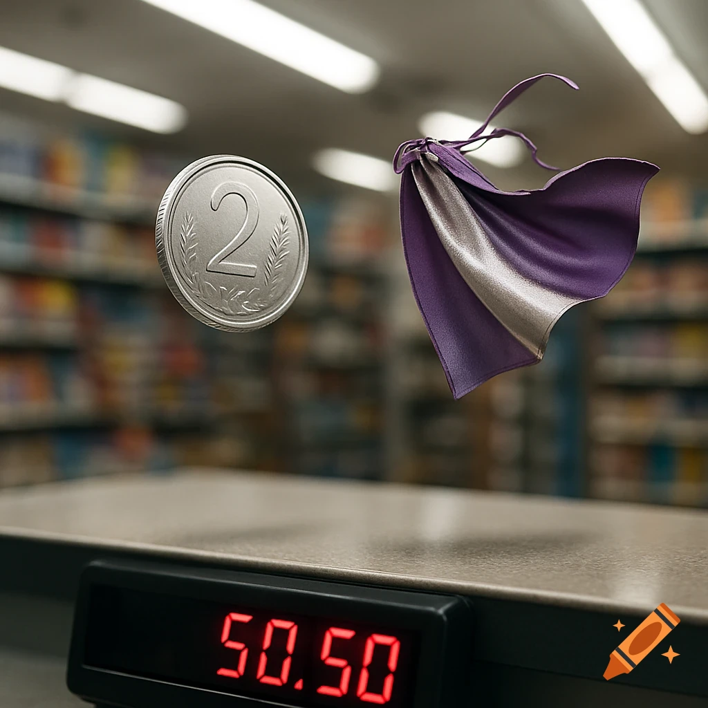 A silver coin with '2' and a purple superhero cape float above a cash register displaying '50.50' in a convenience store.