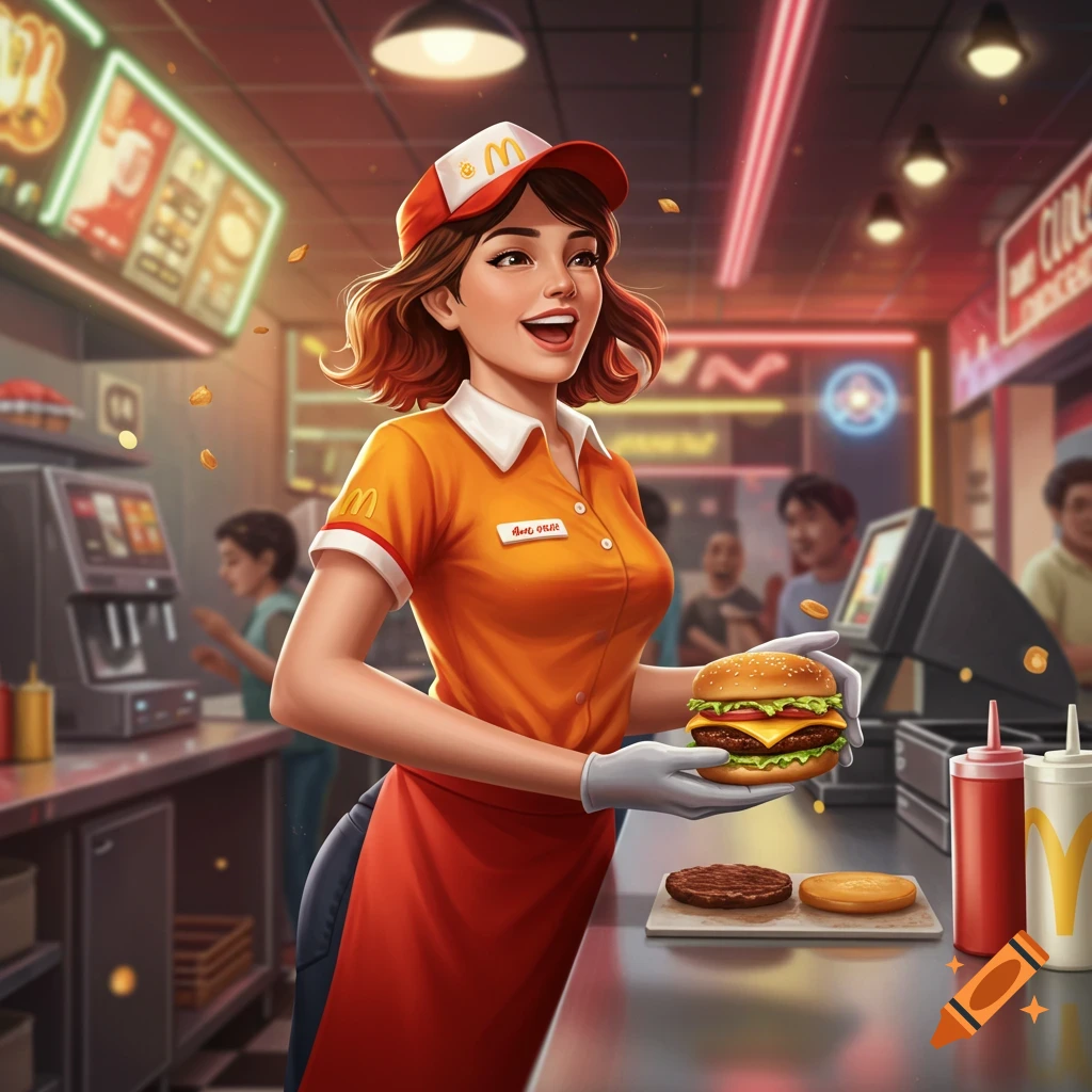 Stylized illustration of a smiling fast-food worker in an orange uniform holding a burger in a restaurant.