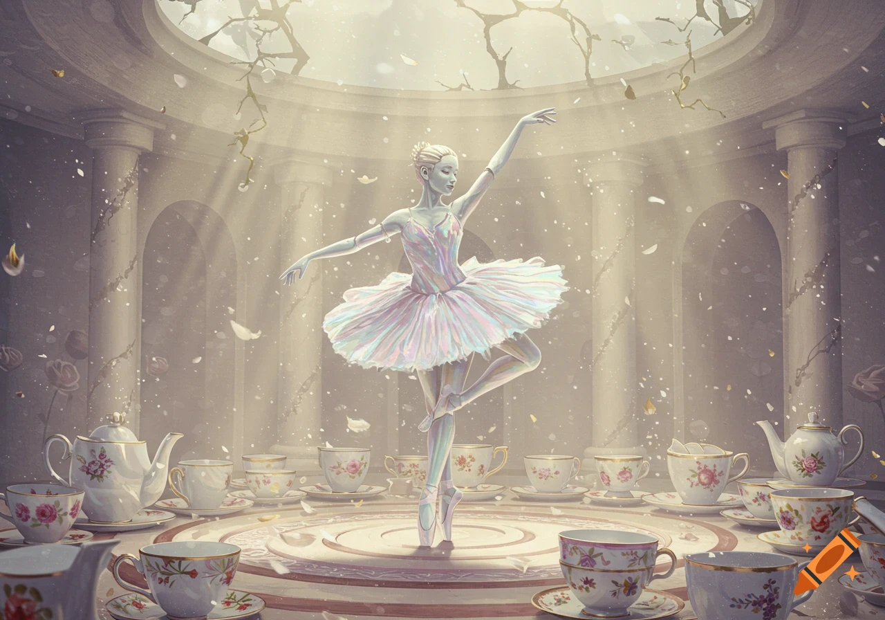 A shimmering ballerina in a pink tutu dances en pointe amidst teacups in a grand, light-filled ruined hall with roots hanging.