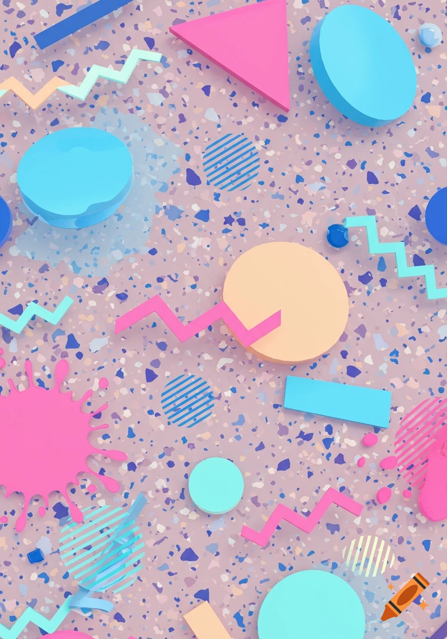 Colorful 1980s geometric abstract pattern with shapes and splatters on a speckled terrazzo background.