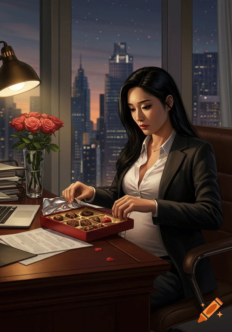 A melancholic Asian woman in a business suit opens a box of chocolates at her office desk with roses and a city skyline at night. Digital art.