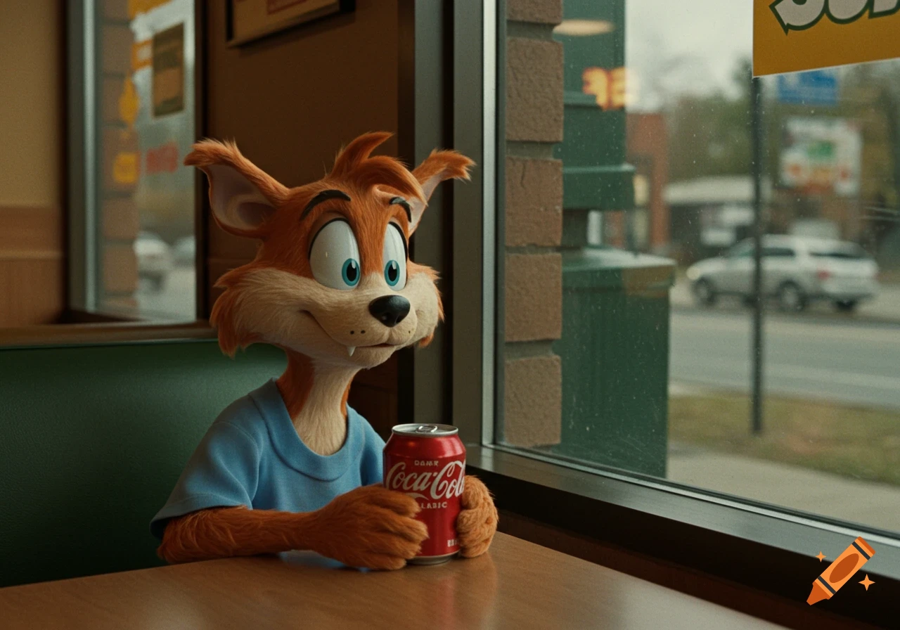 A cartoon bobcat character in a light blue t-shirt sits at a table in a restaurant, holding a Coca-Cola can and looking out the window.