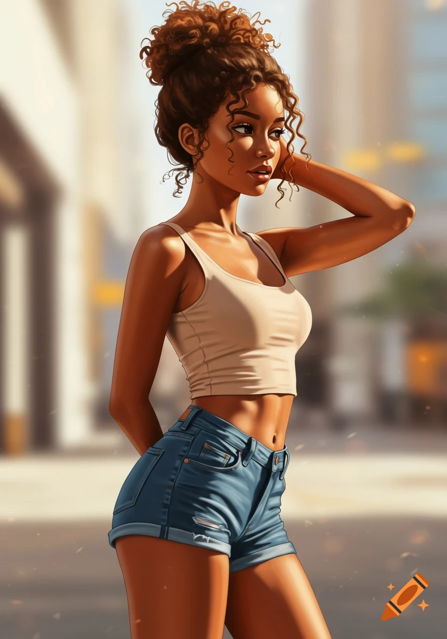 A stylized woman with curly brown hair in a bun, wearing a beige crop top and denim shorts, stands outdoors.